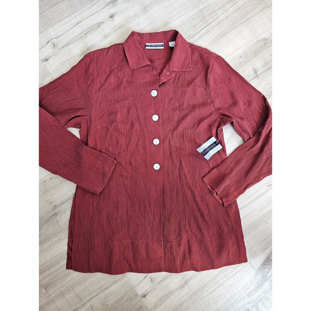 Amanda Smith Pure Silk Crinkle Button Down Shirt Burgundy Red NWT Womens Small